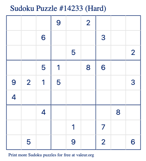 Free Printable Hard Sudoku Puzzle number 14233