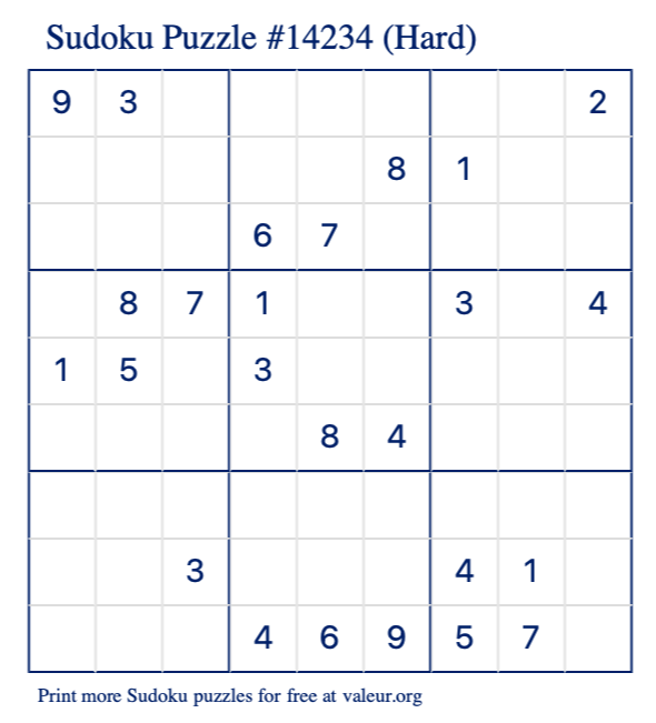 Free Printable Hard Sudoku Puzzle number 14234