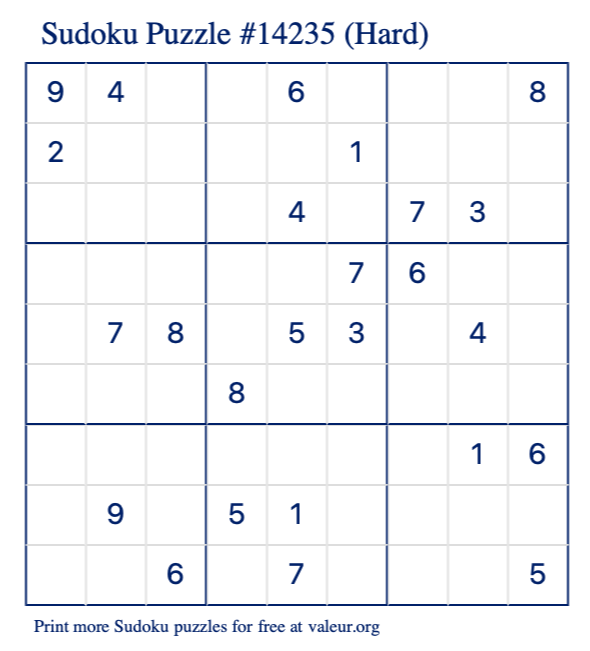 Free Printable Hard Sudoku Puzzle number 14235