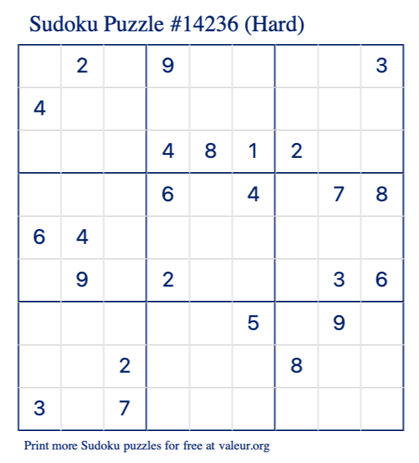 Free Printable Hard Sudoku Puzzle number 14236