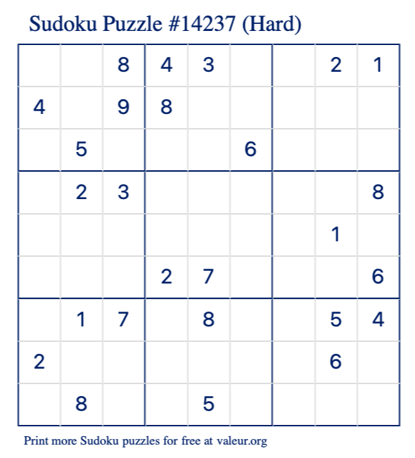 Free Printable Hard Sudoku Puzzle number 14237