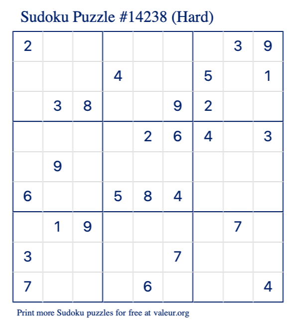 Free Printable Hard Sudoku Puzzle number 14238