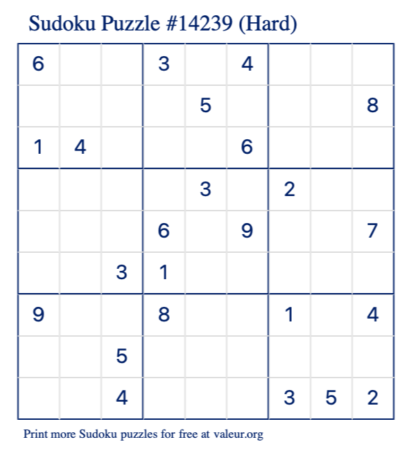 Free Printable Hard Sudoku Puzzle number 14239