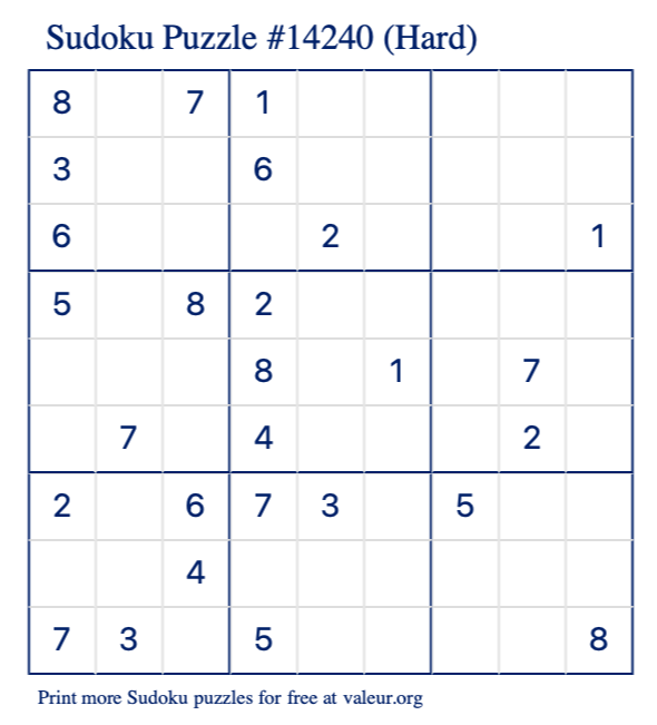 Free Printable Hard Sudoku Puzzle number 14240