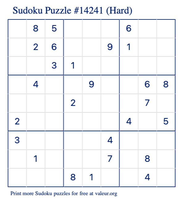 Free Printable Hard Sudoku Puzzle number 14241