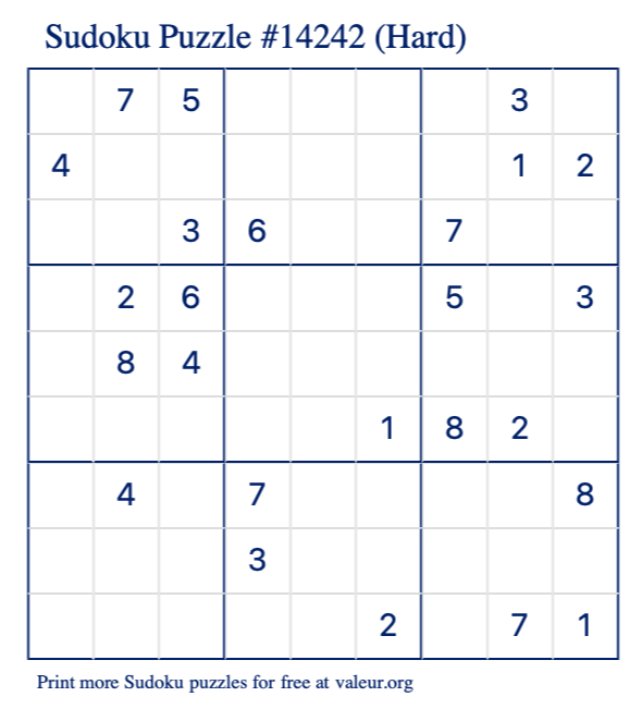 Free Printable Hard Sudoku Puzzle number 14242