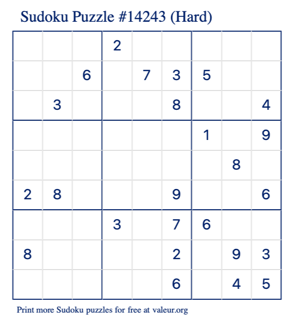 Free Printable Hard Sudoku Puzzle number 14243