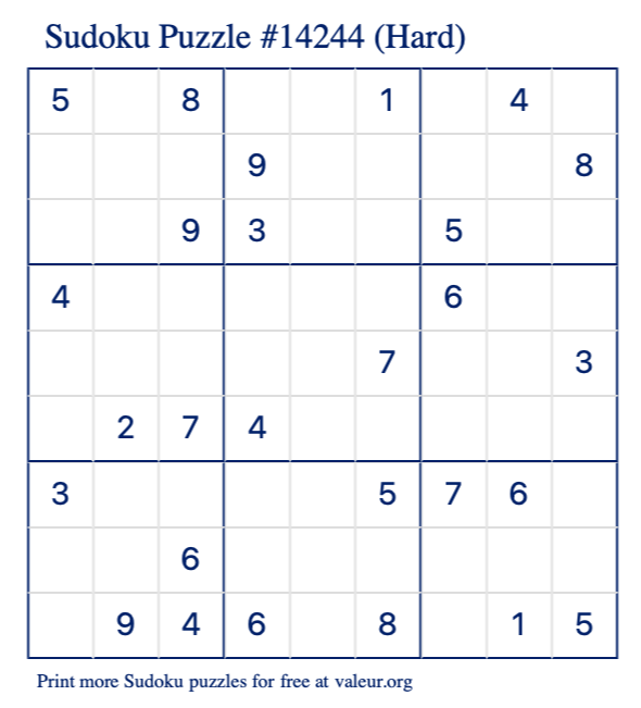 Free Printable Hard Sudoku Puzzle number 14244