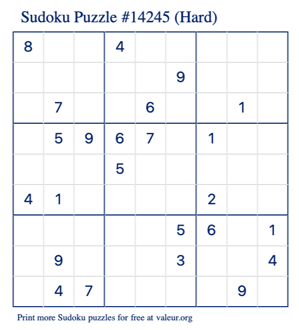 Free Printable Hard Sudoku Puzzle number 14245
