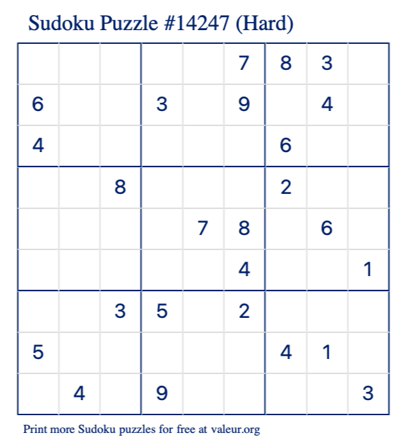 Free Printable Hard Sudoku Puzzle number 14247