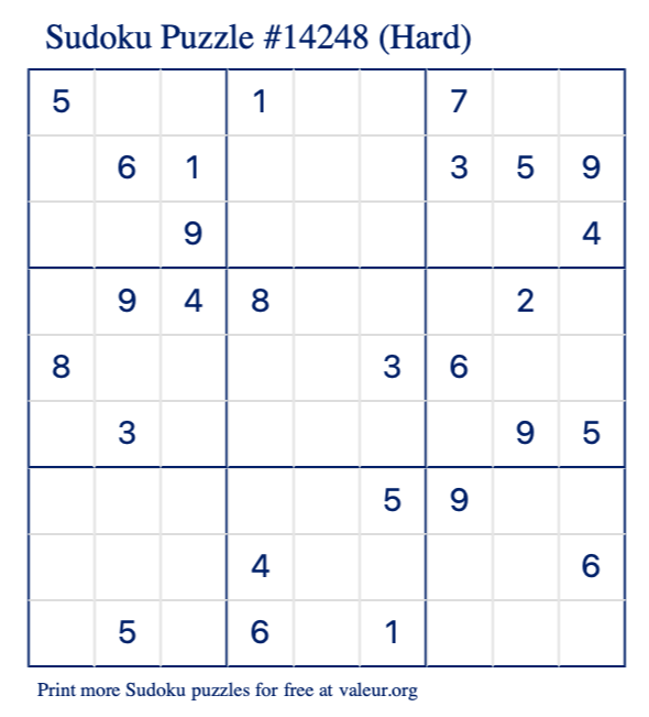 Free Printable Hard Sudoku Puzzle number 14248