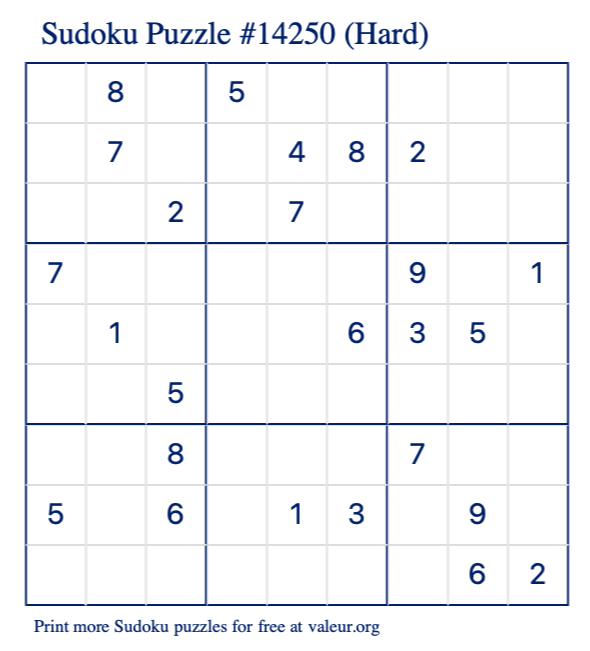 Free Printable Hard Sudoku Puzzle number 14250