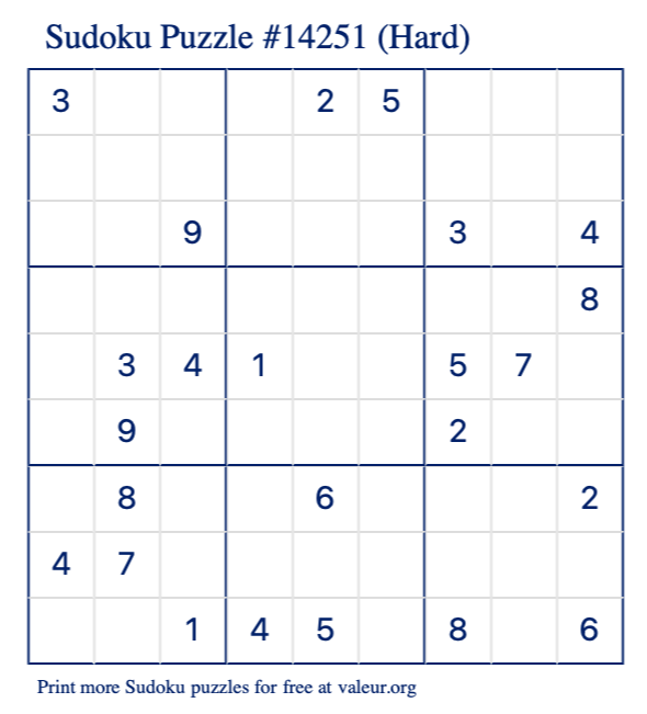 Free Printable Hard Sudoku Puzzle number 14251