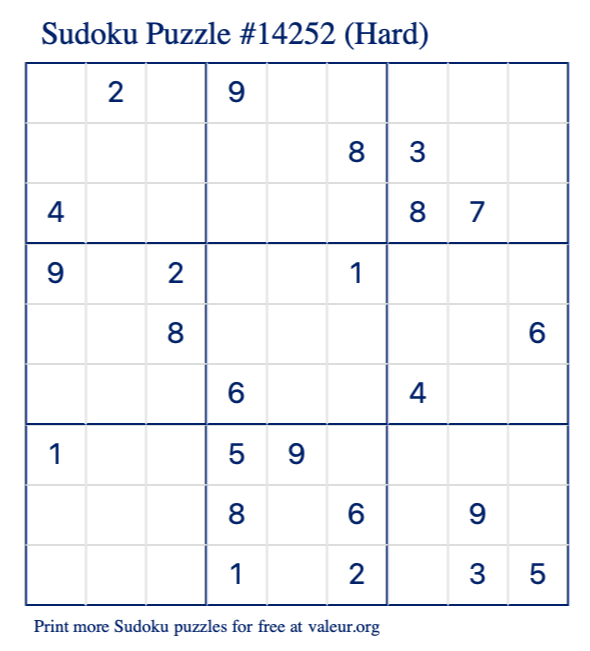 Free Printable Hard Sudoku Puzzle number 14252