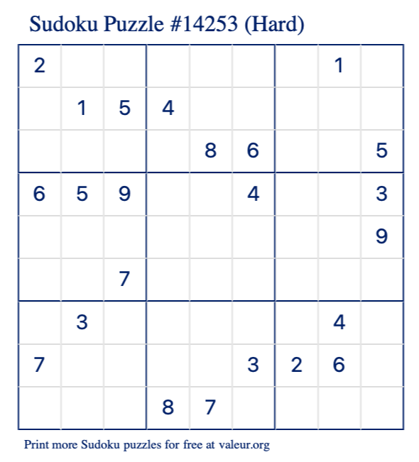 Free Printable Hard Sudoku Puzzle number 14253