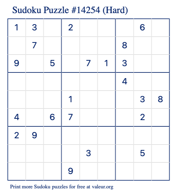 Free Printable Hard Sudoku Puzzle number 14254
