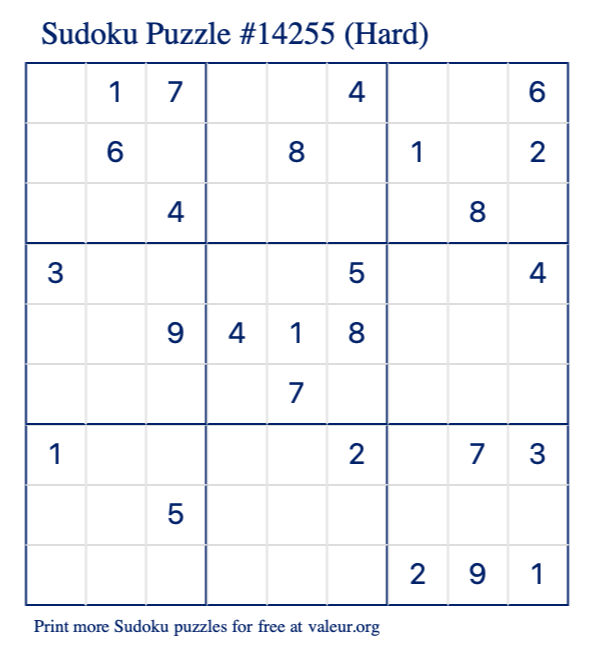 Free Printable Hard Sudoku Puzzle number 14255