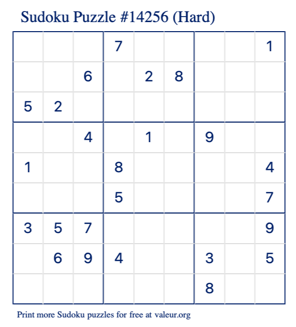 Free Printable Hard Sudoku Puzzle number 14256