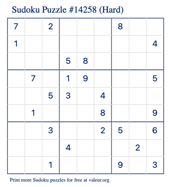 Free Printable Hard Sudoku Puzzle number 14258