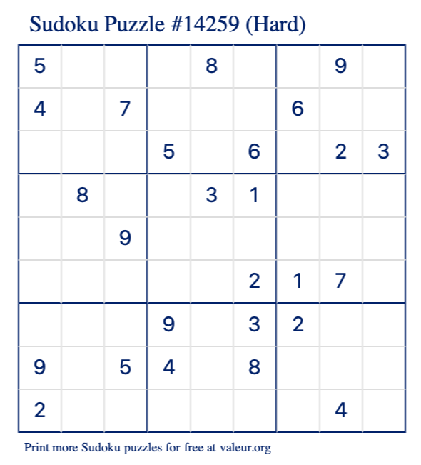 Free Printable Hard Sudoku Puzzle number 14259