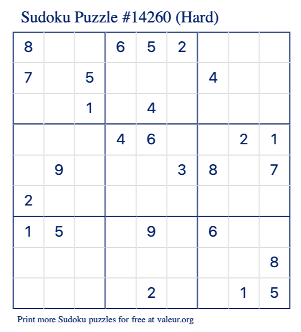 Free Printable Hard Sudoku Puzzle number 14260