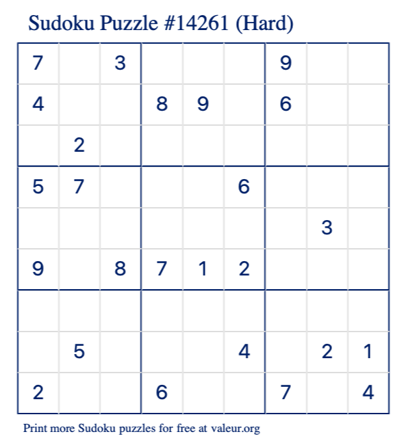 Free Printable Hard Sudoku Puzzle number 14261