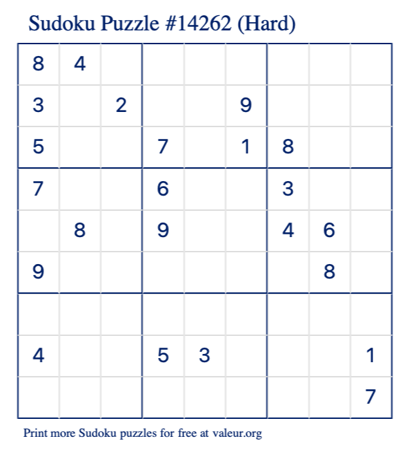 Free Printable Hard Sudoku Puzzle number 14262