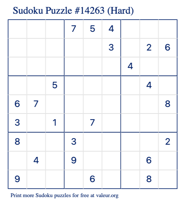 Free Printable Hard Sudoku Puzzle number 14263