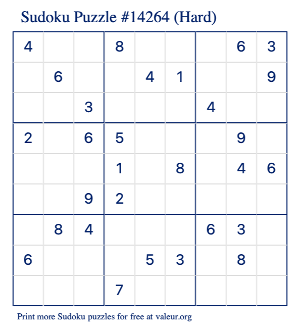 Free Printable Hard Sudoku Puzzle number 14264