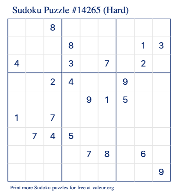 Free Printable Hard Sudoku Puzzle number 14265