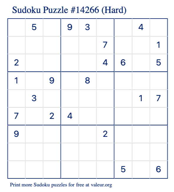 Free Printable Hard Sudoku Puzzle number 14266