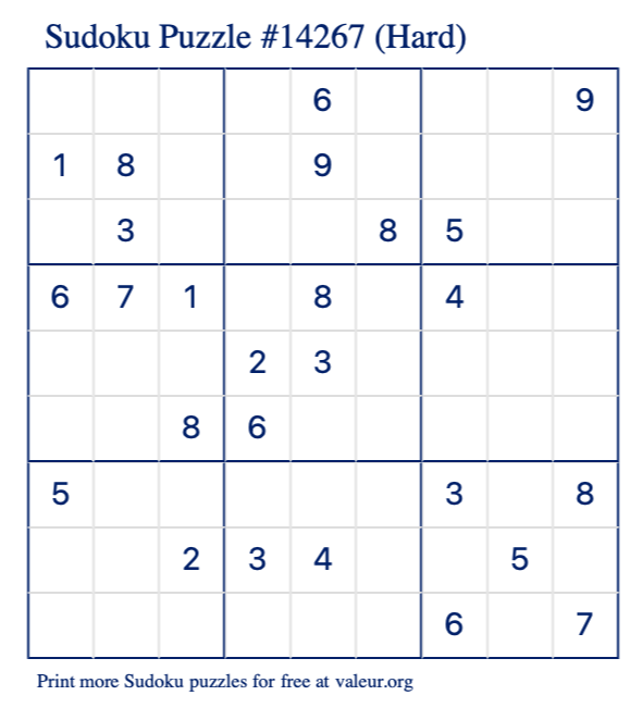 Free Printable Hard Sudoku Puzzle number 14267
