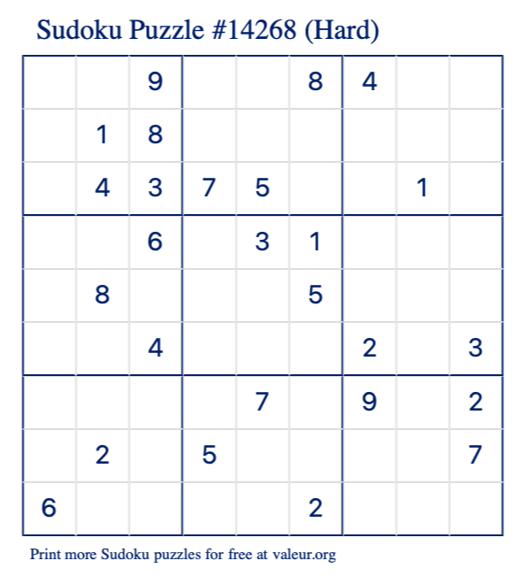 Free Printable Hard Sudoku Puzzle number 14268