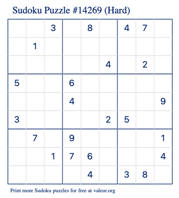 Free Printable Hard Sudoku Puzzle number 14269