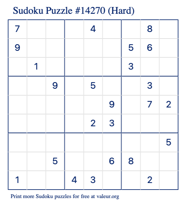 Free Printable Hard Sudoku Puzzle number 14270