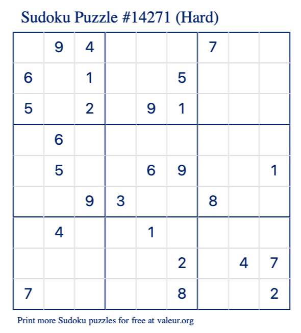 Free Printable Hard Sudoku Puzzle number 14271