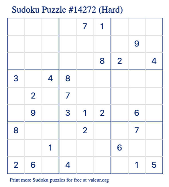 Free Printable Hard Sudoku Puzzle number 14272