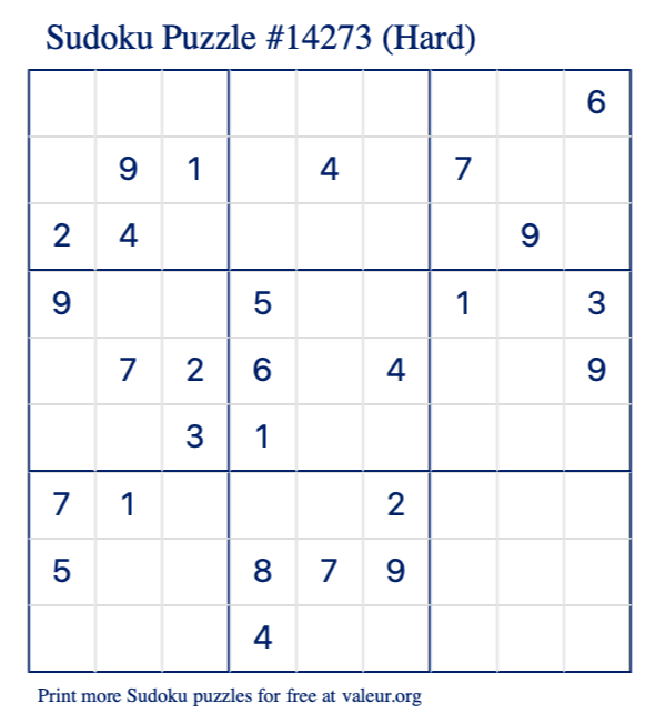 Free Printable Hard Sudoku Puzzle number 14273