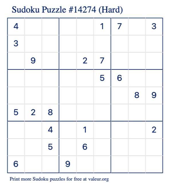 Free Printable Hard Sudoku Puzzle number 14274
