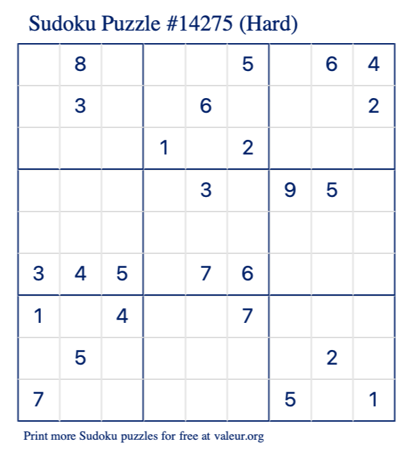 Free Printable Hard Sudoku Puzzle number 14275