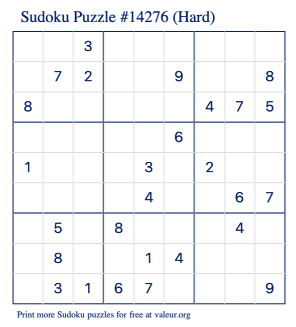 Free Printable Hard Sudoku Puzzle number 14276