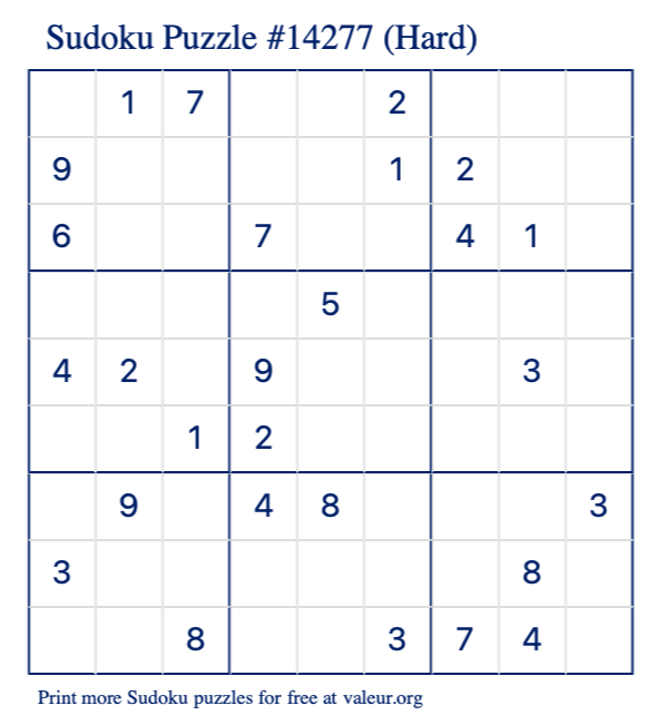 Free Printable Hard Sudoku Puzzle number 14277