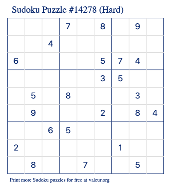 Free Printable Hard Sudoku Puzzle number 14278