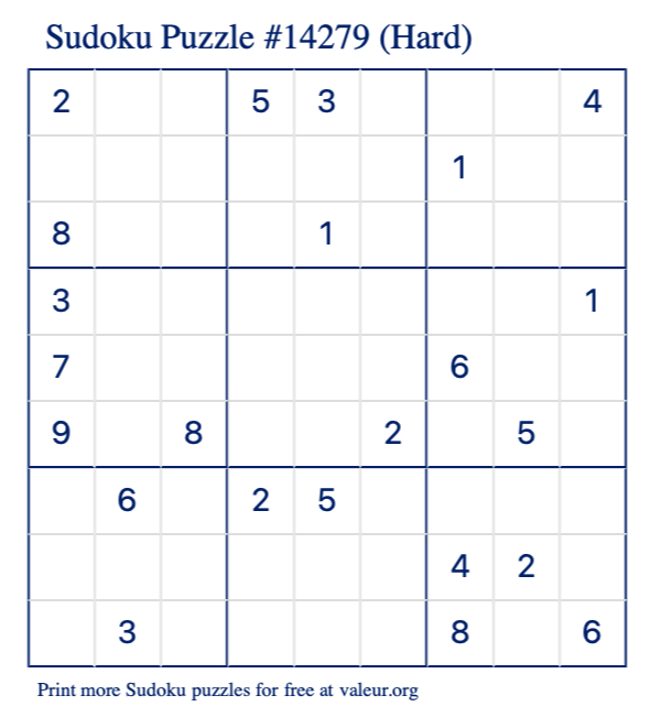 Free Printable Hard Sudoku Puzzle number 14279
