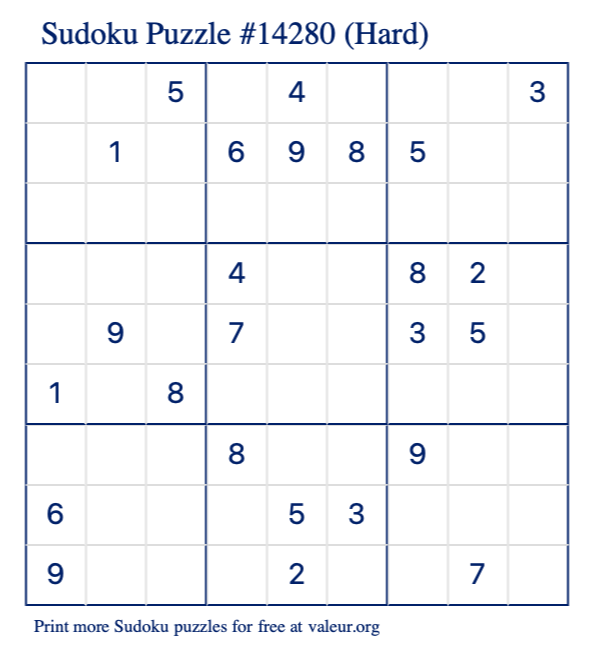 Free Printable Hard Sudoku Puzzle number 14280