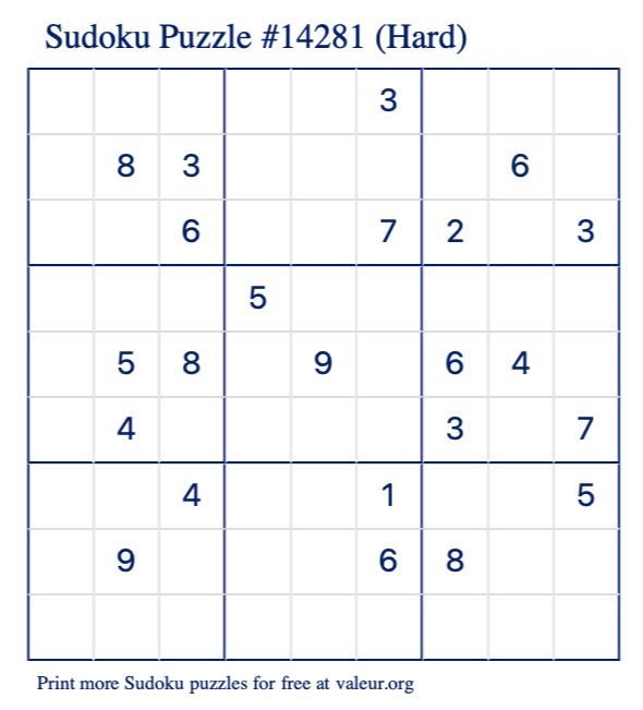 Free Printable Hard Sudoku Puzzle number 14281