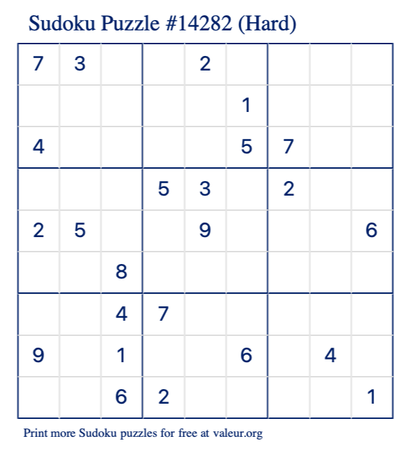 Free Printable Hard Sudoku Puzzle number 14282