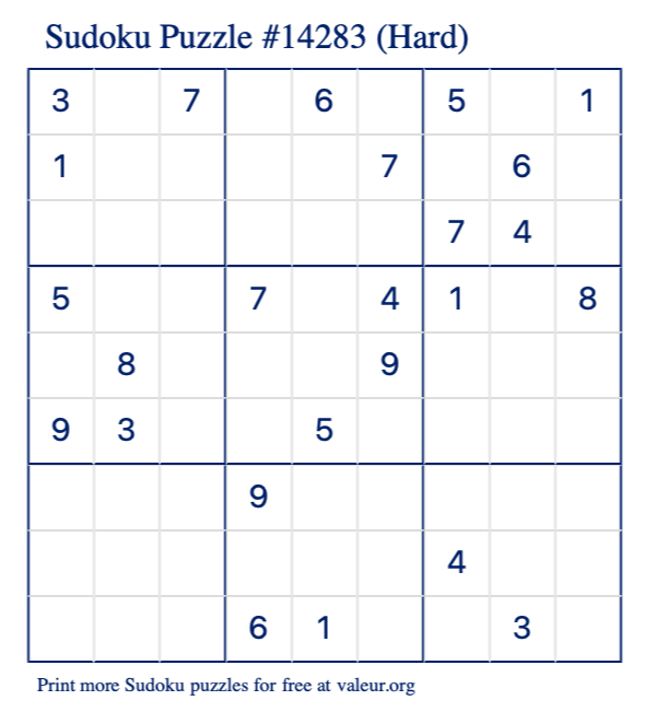 Free Printable Hard Sudoku Puzzle number 14283