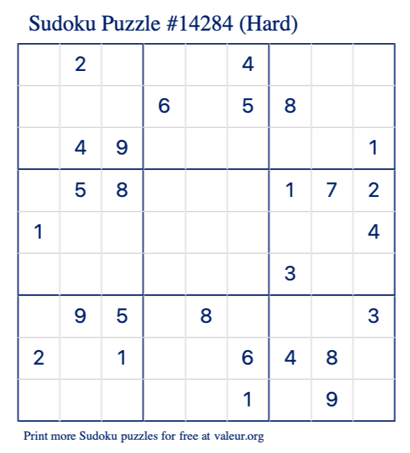 Free Printable Hard Sudoku Puzzle number 14284