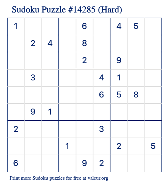 Free Printable Hard Sudoku Puzzle number 14285